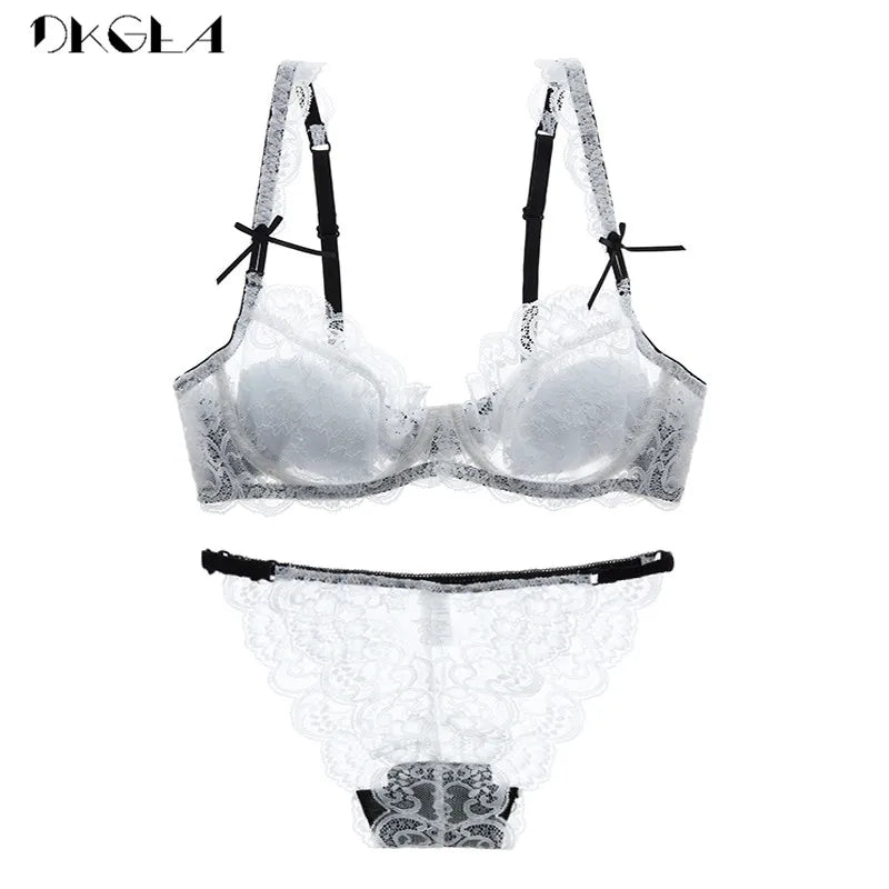 New Brand Purple Lingerie Sexy Bra Set Plus Size C D Cup White Lace Underwear Set Transparent Bras Embroidery Women Brassiere