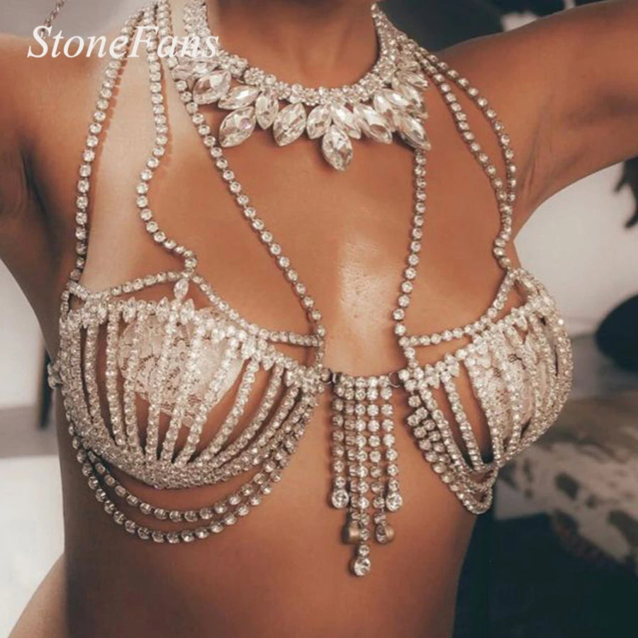 Stonefans New Sea Shell Bra Top Woman Crystal Lingerie Chain Apparel Stripper Outfit Dancewear Exotic Lingerie Wholesale Pendant