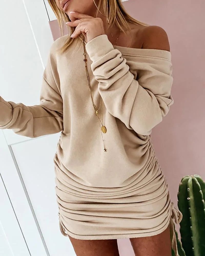 New Dresses Women Mini Dress Ladies Casual  Women's Dress Sexy Drawstring Pleated Long Sleeve Party Dress Sukienka