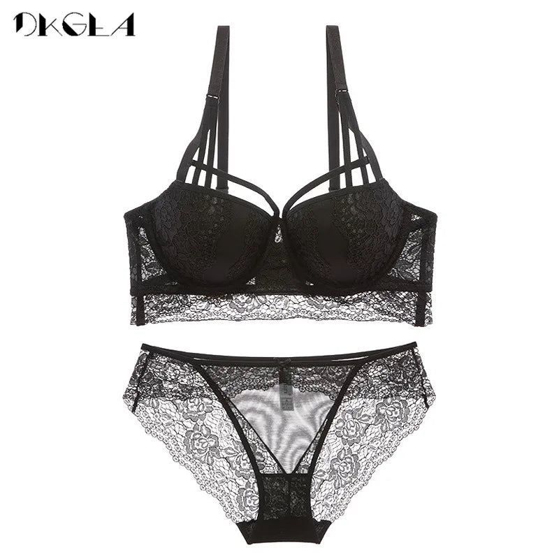 New Top Sexy Underwear Set Cotton Push-Up Bra And Panty Sets 3/4 Cup Brand Green Lace Lingerie Set Women Deep V Brassiere Black