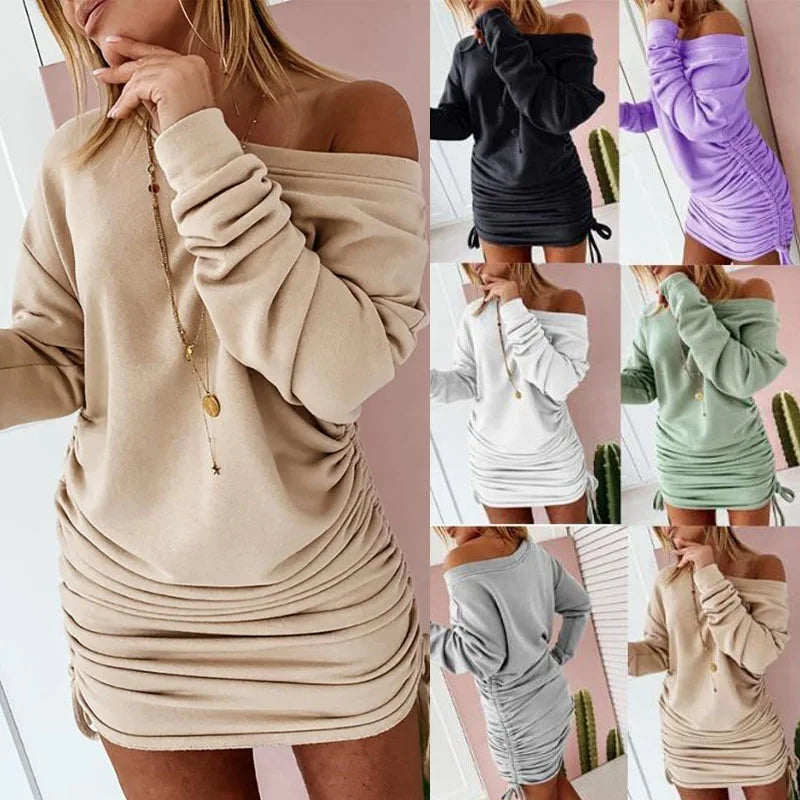 New Dresses Women Mini Dress Ladies Casual  Women's Dress Sexy Drawstring Pleated Long Sleeve Party Dress Sukienka