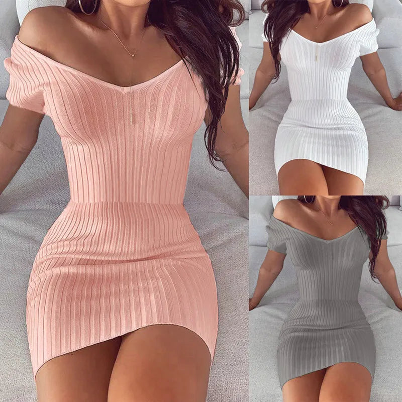 Sexy Temperament V-neck Slim Knit Women's Dress Autumn Bag Hip Mini White Elegant Casual Dress 2020 Fashion Party Tight Dresses