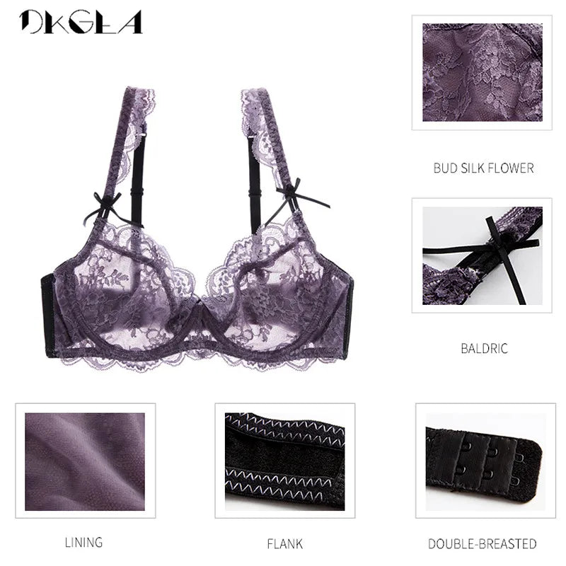 New Brand Purple Lingerie Sexy Bra Set Plus Size C D Cup White Lace Underwear Set Transparent Bras Embroidery Women Brassiere