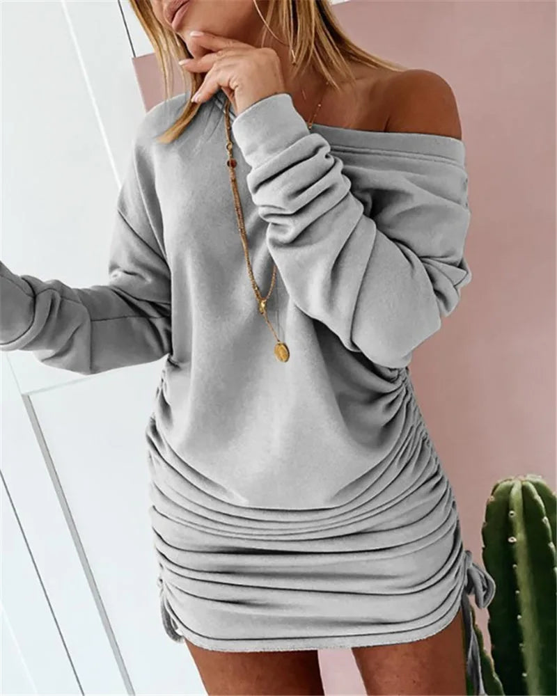 New Dresses Women Mini Dress Ladies Casual  Women's Dress Sexy Drawstring Pleated Long Sleeve Party Dress Sukienka