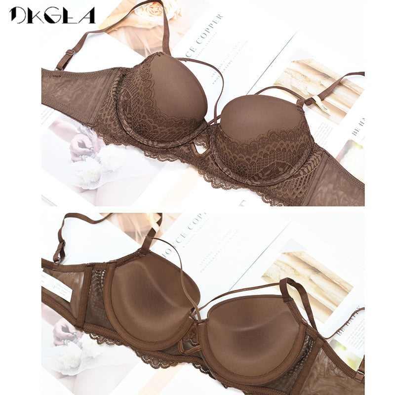 Bandage Sexy Underwear Set Women Brassiere Gather Cotton Thick Brown Embroidery Push Up Bra Set Lace Lingerie A B C D Cup Bras