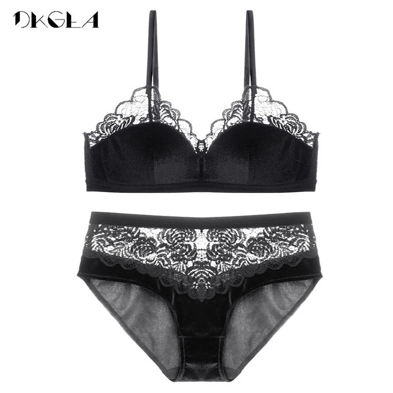 2020 New Velvet Bras Lace Lingerie Set Blue Thin Cotton Brassiere Women Underwear Set Wire Free Embroidery Sexy Bra Panties Sets