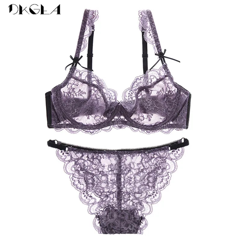 New Brand Purple Lingerie Sexy Bra Set Plus Size C D Cup White Lace Underwear Set Transparent Bras Embroidery Women Brassiere