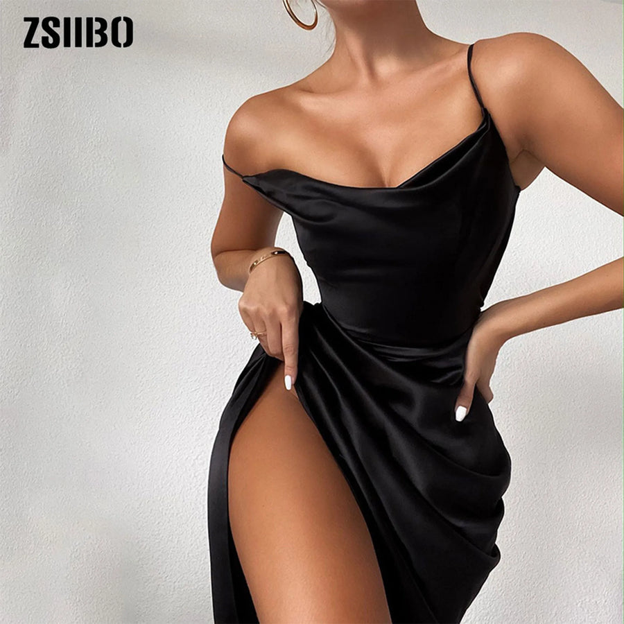 Dress 2021 Women Summer dress Satin Party Dress Black V-Neck Hight Side Split Sexy Mini Dress women's dress Dresses robe платье