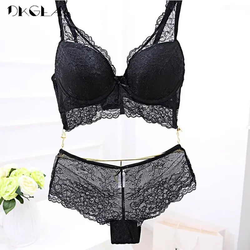 New Super Gather Blue Bras Women Lingerie Sets Embroidery Lace Sexy Underwear Set Cotton Thick Brassiere Deep V Push-Up Bra Set