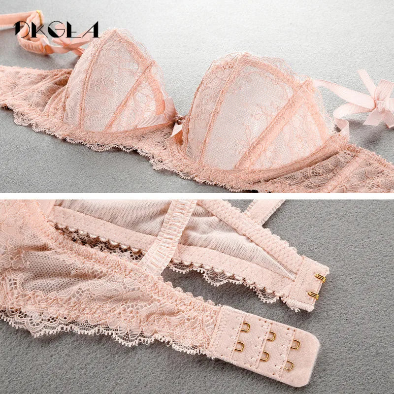 Ultrathin Underwear Set Plus Size 34 36 38 E Cup Sexy Bras Lingerie Lace Women Transparent Bra Set Pink Brassiere Half Cup White