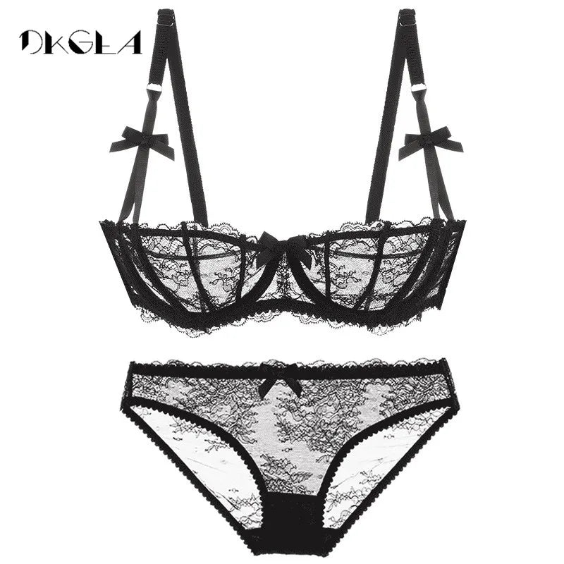 Ultrathin Underwear Set Plus Size 34 36 38 E Cup Sexy Bras Lingerie Lace Women Transparent Bra Set Pink Brassiere Half Cup White