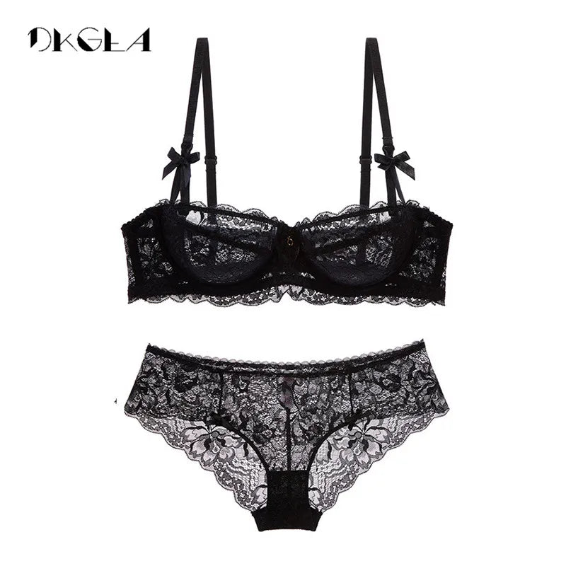 Hot Sexy Bra Set Plus Size 36 38 40 Ultrathin Underwear Women Set White Lace Bra Embroidery Transparent Lingerie Brand Brassiere