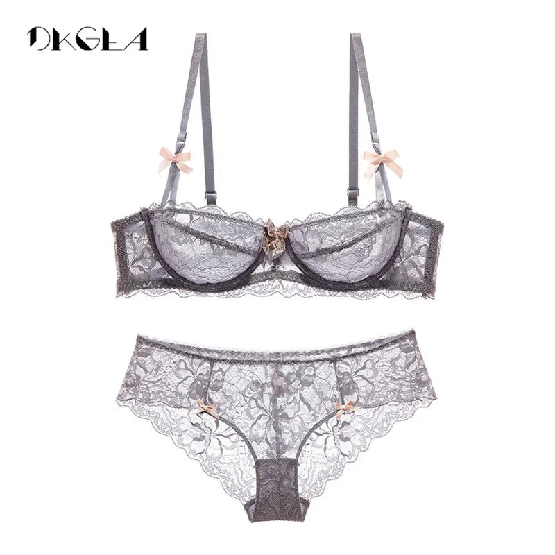 Hot Sexy Bra Set Plus Size 36 38 40 Ultrathin Underwear Women Set White Lace Bra Embroidery Transparent Lingerie Brand Brassiere