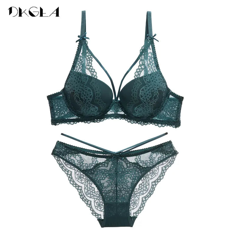 New Green Underwear Set Women Bra Push Up Brassiere Cotton Thick Black Gather Sexy Bra Panties Sets Embroidery Lace Lingerie Set