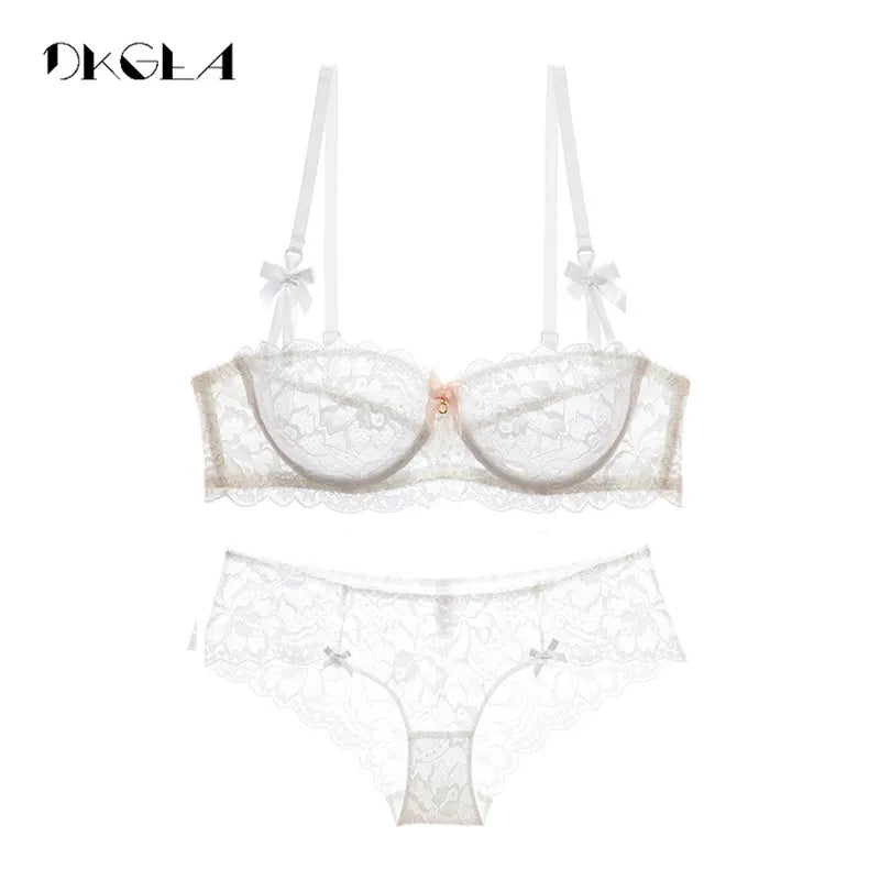 Hot Sexy Bra Set Plus Size 36 38 40 Ultrathin Underwear Women Set White Lace Bra Embroidery Transparent Lingerie Brand Brassiere