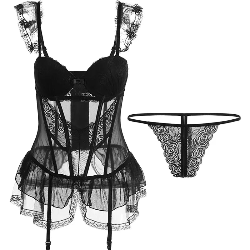 Felinus Hot Sale Women's Bustier Sexy Lace Corset  Mesh Transparent Sleepwear Black Bodycon Jumpsuit G String Thong Lingerie