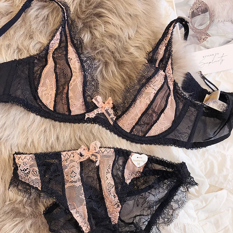 Sexy Lace No Steel Ring Lingerie Triangle Cup Stripe Contrast Color Bralette Ultra-thin Perspective Bra Set Deep V Underwear Set