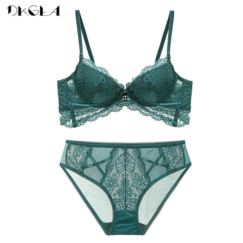 2020 New Thick Cotton Brassiere Embroidery Green Bra Set Push Up C D Cup Underwear Set Sexy Bras  Women Lace Lingerie Sets Black