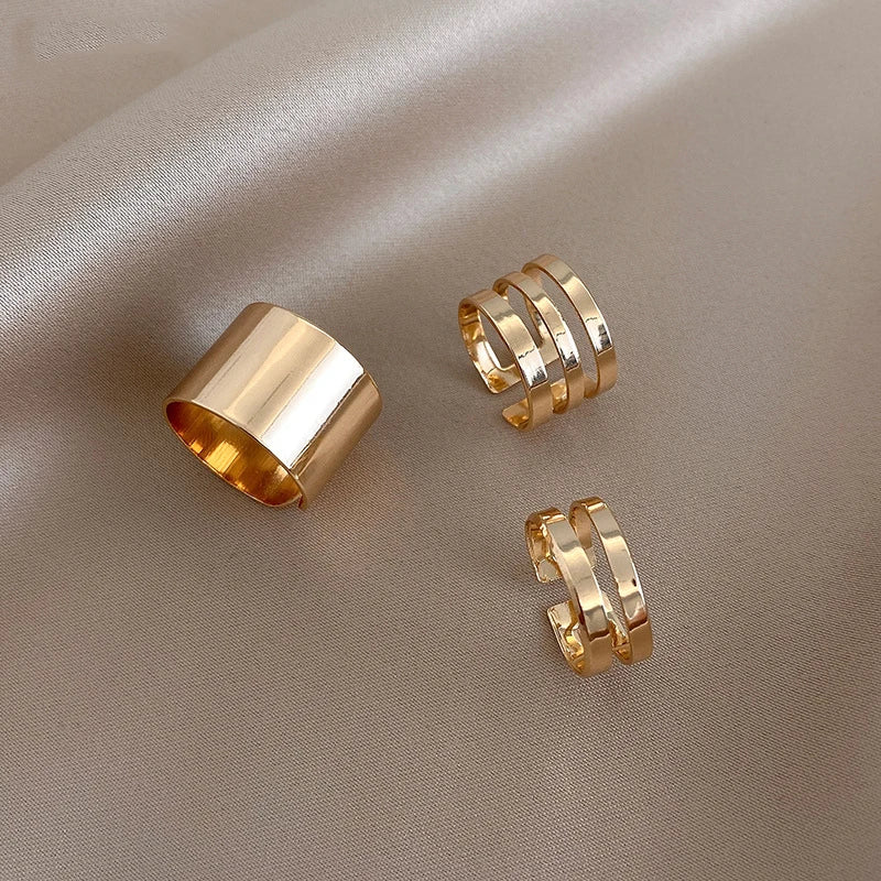 Punk Simple Gold Color Ring Set Women's Geometric Hollw Out Wide 3Pcs/Set Vintage Joint Finger Rings Jewelry Aesthetic 2022Trend