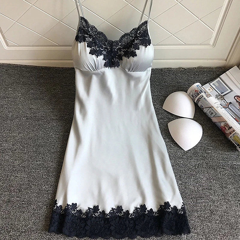 Women's Sexy Lingerie Summer Silk Night Gown Lace Patchwork Mini Night Dress Spaghetti Strap Sleepwear Ladies With Chest Pad