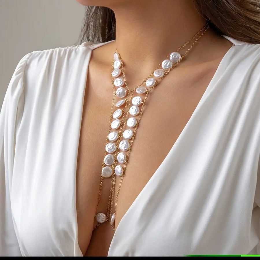 Simple Handmade Flat Imitation Pearl Bra Chain Harness for Women Body Jewelry Sexy Chest Chain Bikini Belly Chains