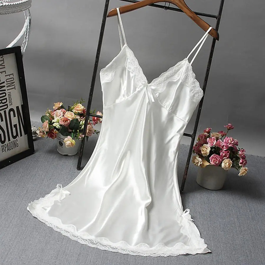 Women Nightdress V Neck Spaghetti Strap Satin Nightgown Sexy Nightshirt Sleepwear Lace Bath Gown Summer Casual Home Night Dress