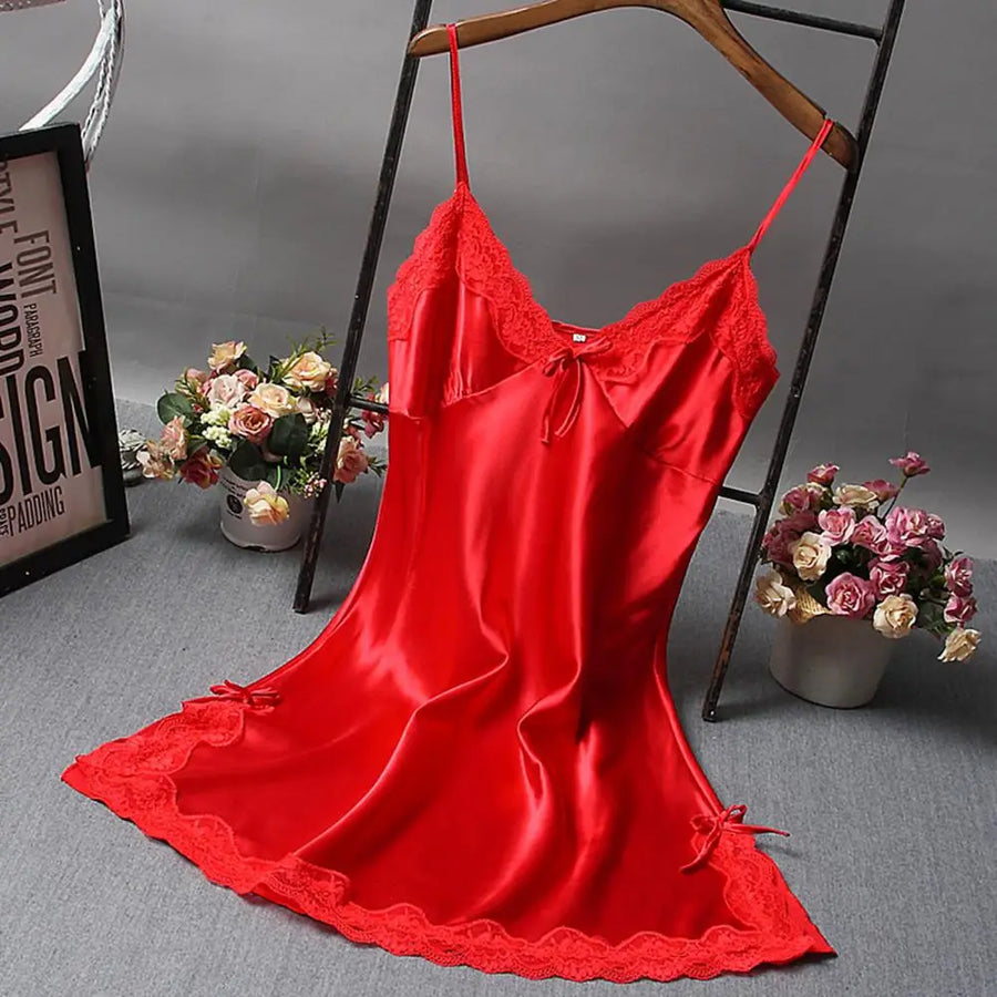 Women Nightdress V Neck Spaghetti Strap Satin Nightgown Sexy Nightshirt Sleepwear Lace Bath Gown Summer Casual Home Night Dress