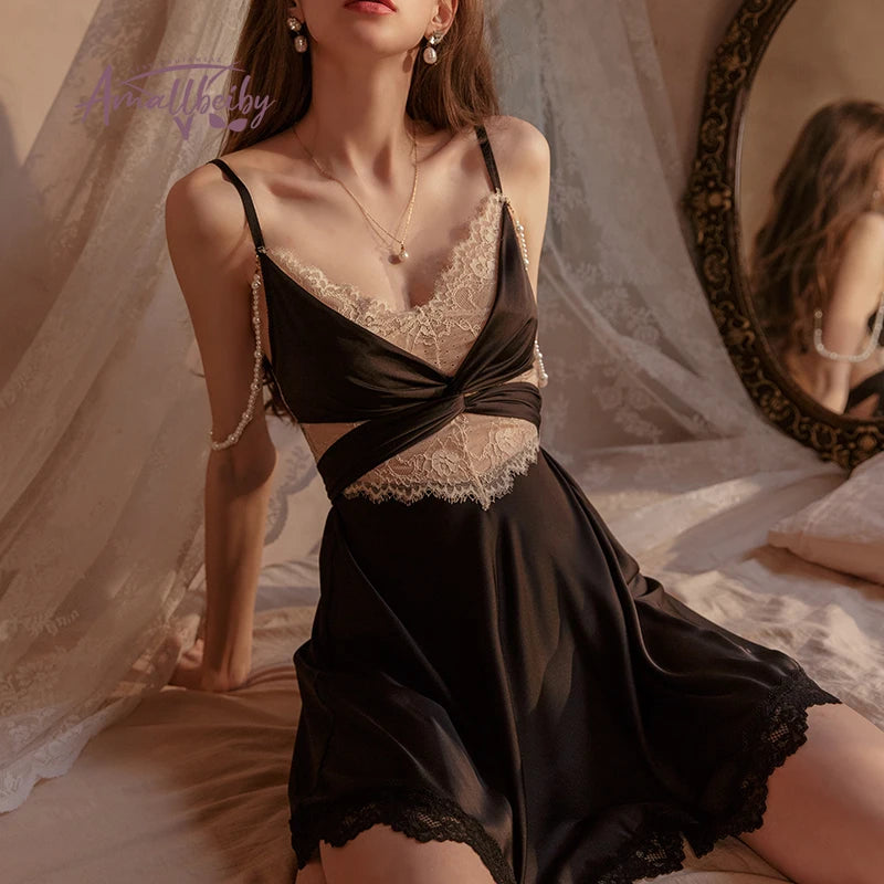 Free Removal with Beads Sexy Sleepwear Lace Cross Strap Nightdress Women Summer Temptation Lingerie Night Gown Multicolor