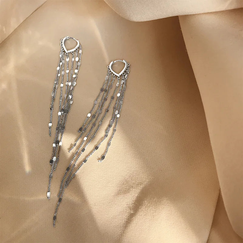 VOQ Silver Color Hand-made Long Chain Tassel Love Heart Hoop Earrings Ear Buckle Women's Party Jewelry
