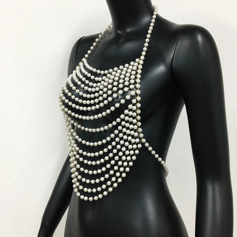 Women Imitation Pearl Halter Bra Body Chain Sexy Backless Jewelry Tassel Layered Decorative Tank Top Dance Party Accessories