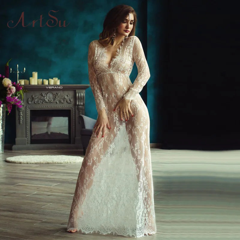 Style Woman Long Lace Beach Dress Transparent Long Lace Dress Balck and White Sexy Lace Casual Princess Dress Long Night Gown