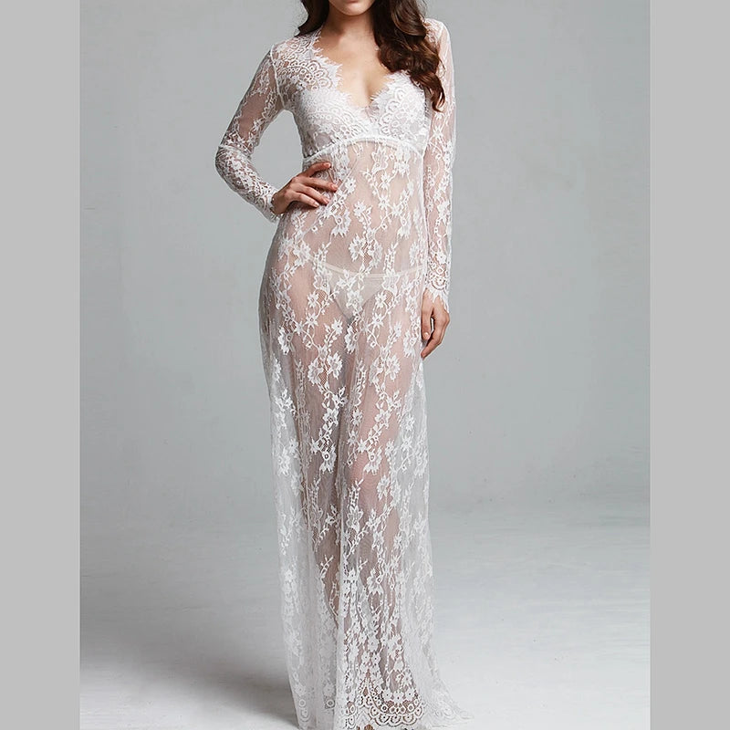 Style Woman Long Lace Beach Dress Transparent Long Lace Dress Balck and White Sexy Lace Casual Princess Dress Long Night Gown