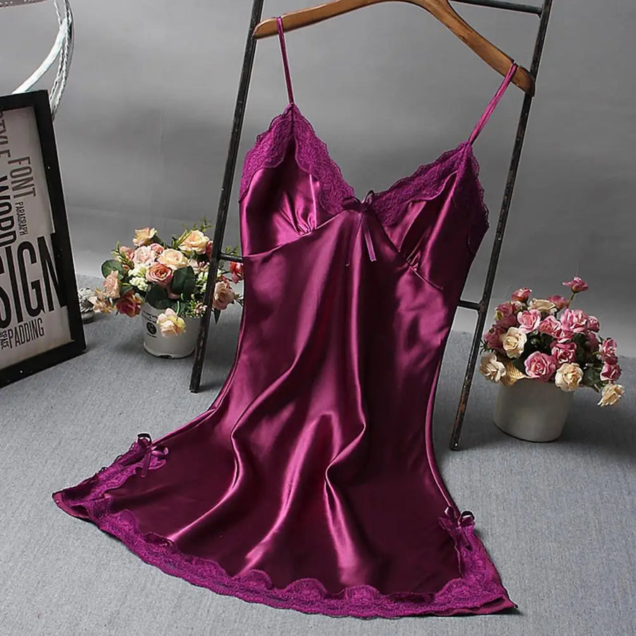 Women Nightdress V Neck Spaghetti Strap Satin Nightgown Sexy Nightshirt Sleepwear Lace Bath Gown Summer Casual Home Night Dress