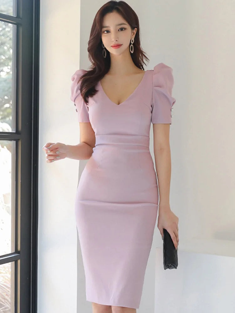 Elegant Party Dress Summer Solid Color V-Neck Puff Sleeve Sexy Back Cutout High Waist Sheath Temperament Women's Dresses