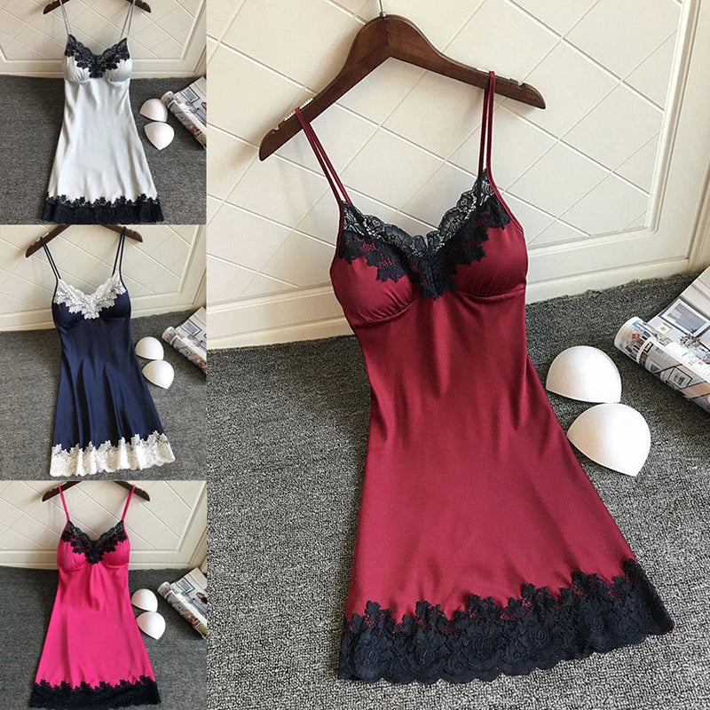 Women's Sexy Lingerie Summer Silk Night Gown Lace Patchwork Mini Night Dress Spaghetti Strap Sleepwear Ladies With Chest Pad