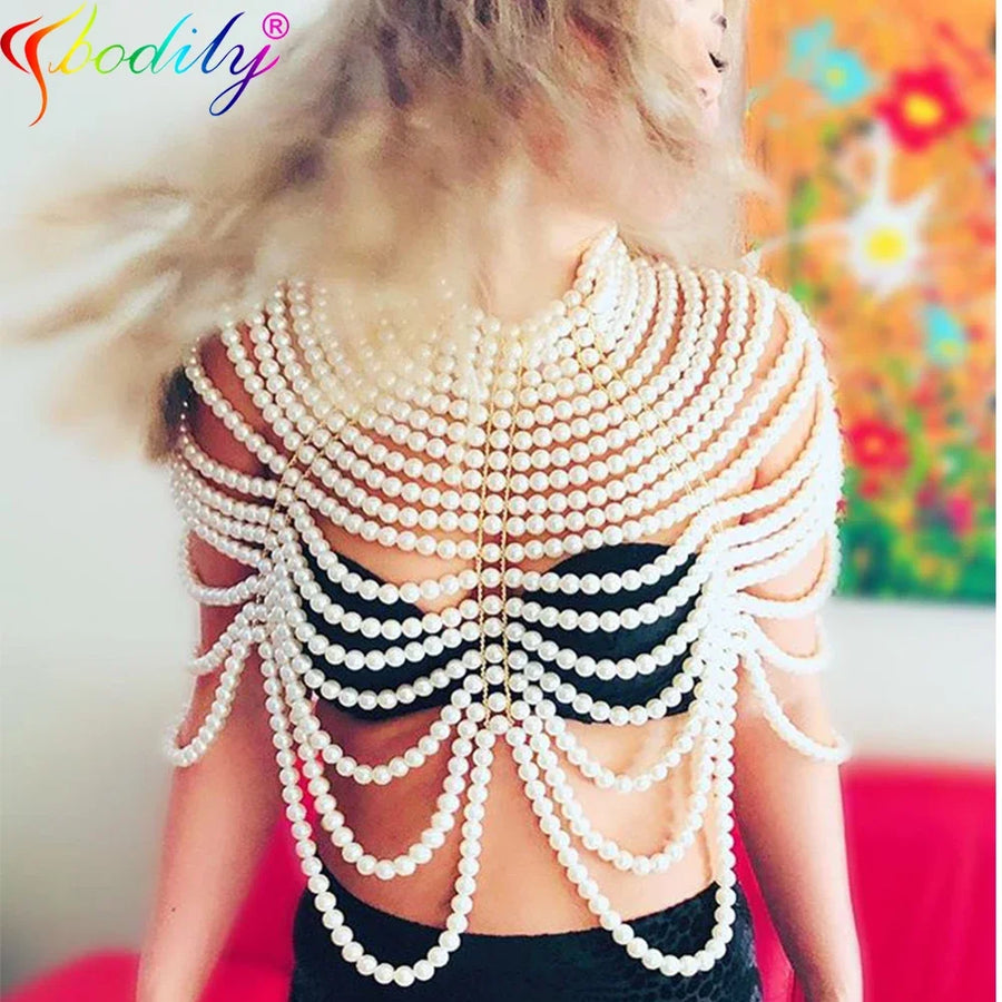 Sexy Women's Pearl Body Chains Bra Shawl Fashion Adjustable Size Shoulder Necklaces Tops Chain Wedding Dress Pearls Body Jewelry