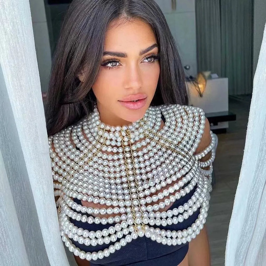 Women's Pearl Body Chains Bra Sexy Tops Chain Wedding Dress Pearls Shawl Body Jewelry Fashion Adjustable Size Shoulder Necklaces