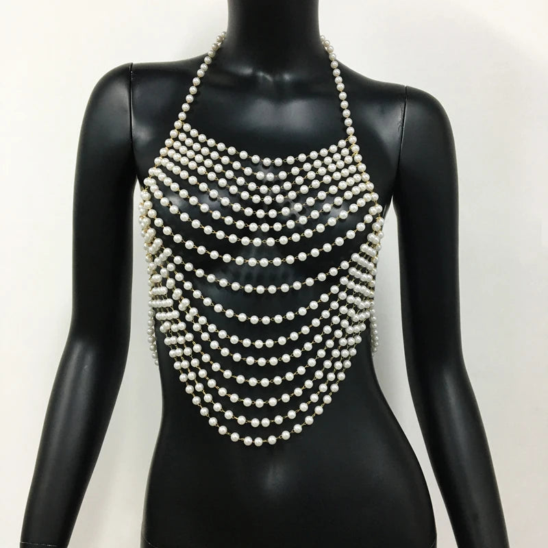 Women Imitation Pearl Halter Bra Body Chain Sexy Backless Jewelry Tassel Layered Decorative Tank Top Dance Party Accessories