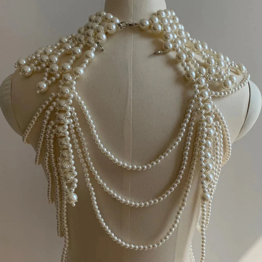 Stonefans Rave Imitation Pearl Shoulder Bra Chain Bikini Top for Women Festival Lingerie Wedding Chest Body Chain Dress Jewelry