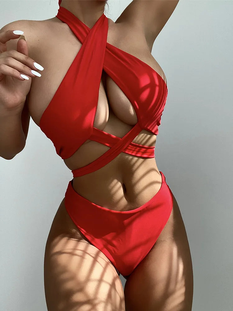 Sexy Bikini Set Halter Women's Swimsuit Solid Swimwear Women 2022 Criss Cross Wrap Biquinis New Beachwear Bathing Suits