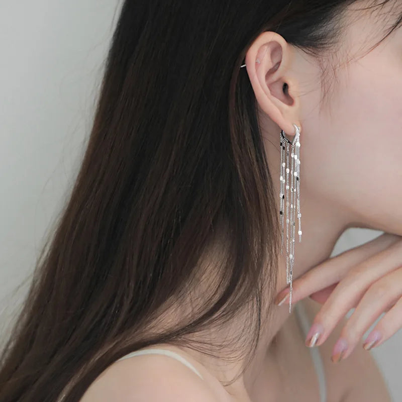 VOQ Silver Color Hand-made Long Chain Tassel Love Heart Hoop Earrings Ear Buckle Women's Party Jewelry