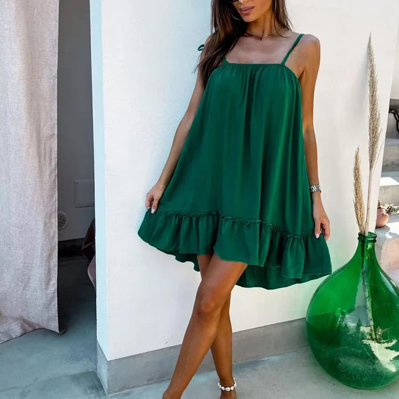 Summer Sexy Sling Solid Color Backless Women's Dress Casual Sleeveless New Loose Elegant Party Holiday Tie-up Mini Fashion Dress