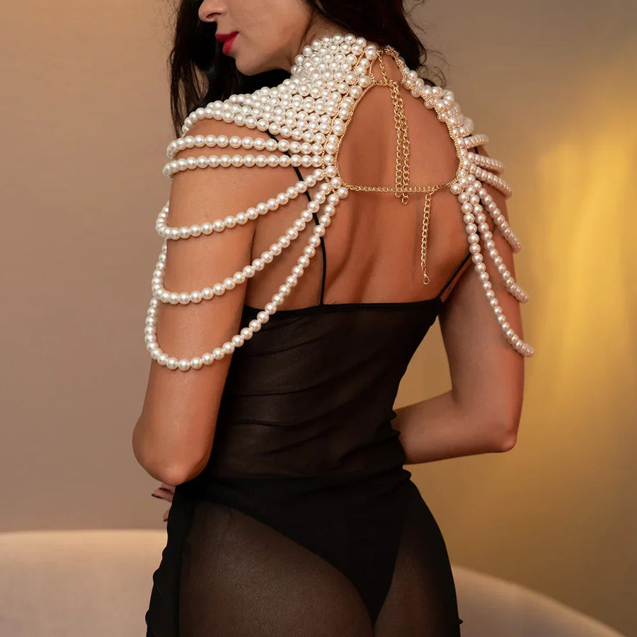 Sexy Women's Pearl Body Chains Bra Shawl Fashion Adjustable Size Shoulder Necklaces Tops Chain Wedding Dress Pearls Body Jewelry