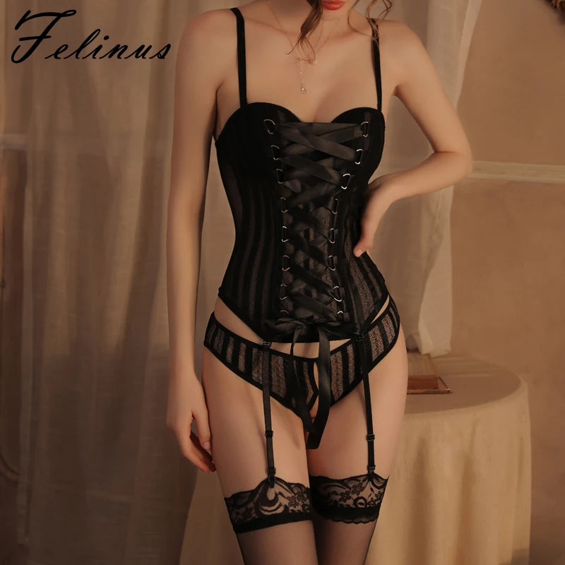 Felinus New Women Bustier Sexy Lace Strappy Bodysuit Push Up Bra Shaper G String Thong Underwear Female Slimming Lingerie