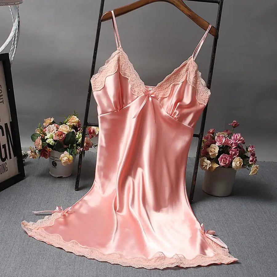 Women Nightdress V Neck Spaghetti Strap Satin Nightgown Sexy Nightshirt Sleepwear Lace Bath Gown Summer Casual Home Night Dress