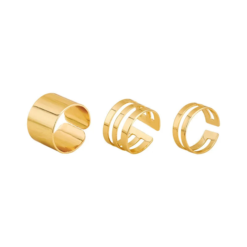 Punk Simple Gold Color Ring Set Women's Geometric Hollw Out Wide 3Pcs/Set Vintage Joint Finger Rings Jewelry Aesthetic 2022Trend