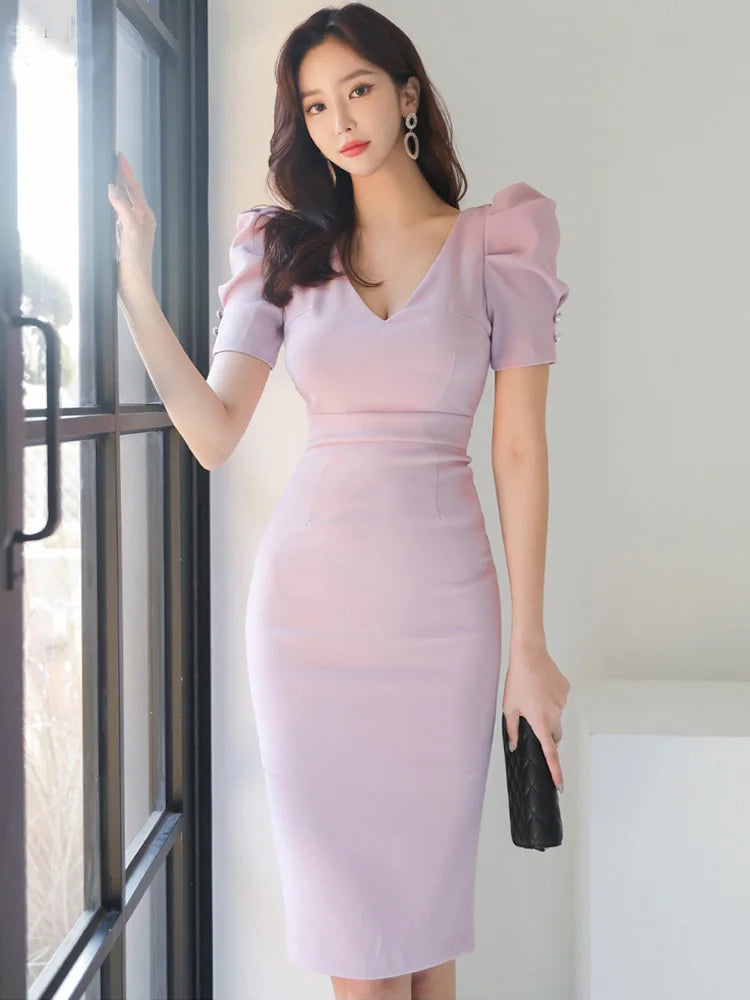 Elegant Party Dress Summer Solid Color V-Neck Puff Sleeve Sexy Back Cutout High Waist Sheath Temperament Women's Dresses